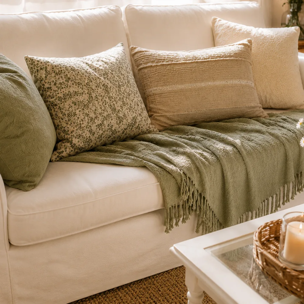 Cremefarbenes Sofa mit abgestimmten Kissen in Creme, Salbeigrün und Naturleinen im Landhausstil