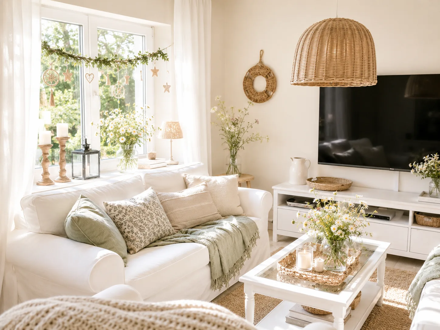 Gemütlich eingerichtetes Wohnzimmer im Landhausstil mit Leinen, Holz und Wildblumen – hochwertig wirken ohne viel Geld