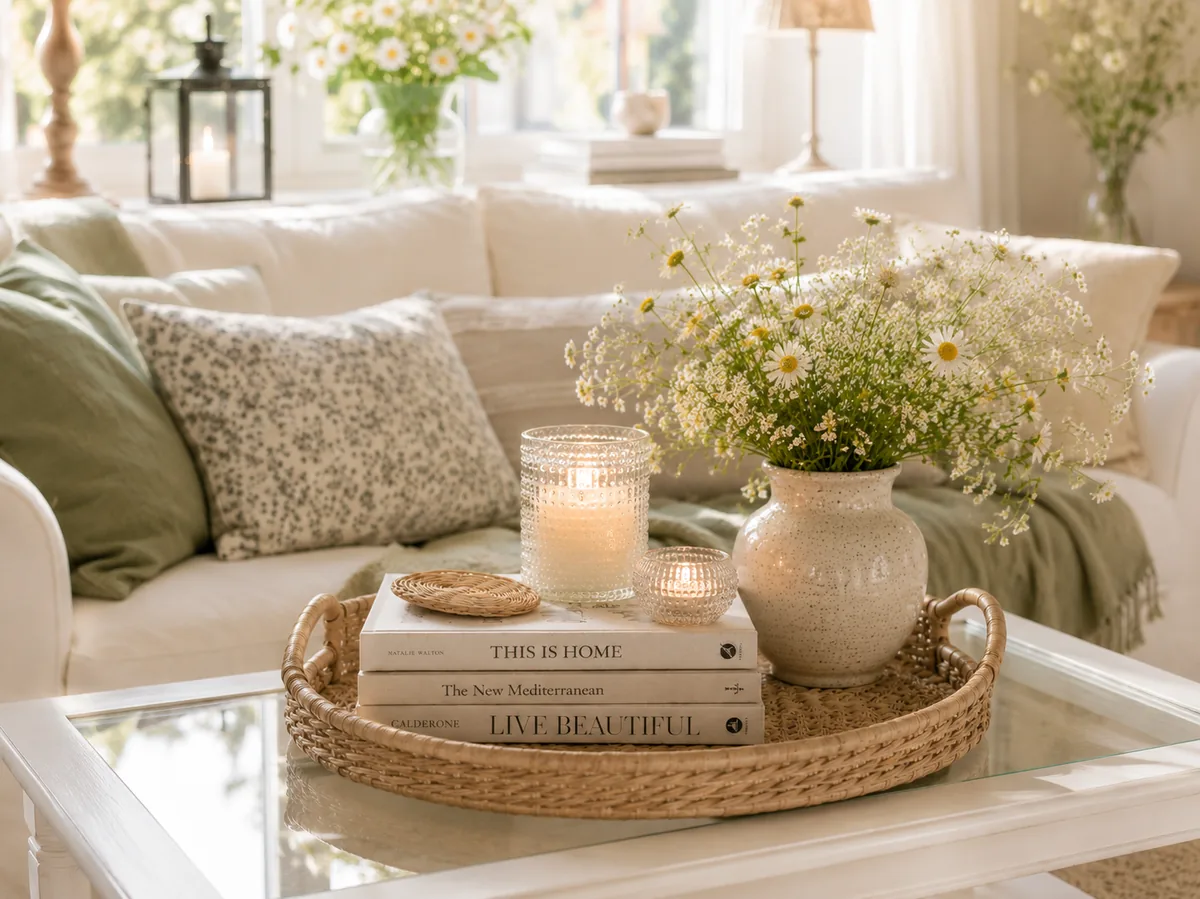 Kleines Stillleben auf einem Rattan-Tablett: Kerze im Glas, eine Schale, ein Stapel Bücher und Wildblumen in einer Vase