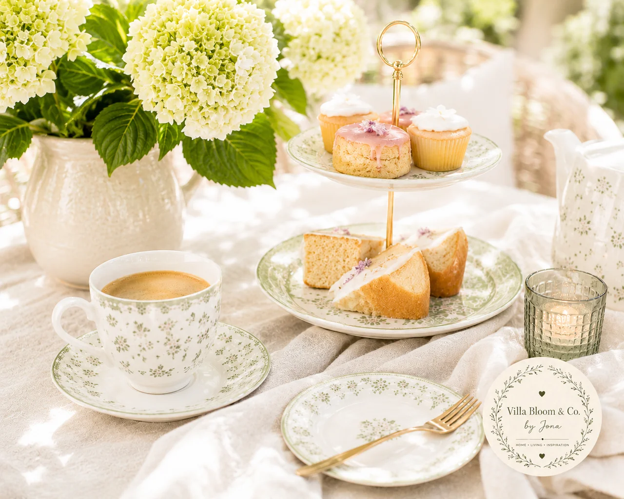 Detail of a summer afternoon coffee table with GreenGate cup in sage with floral pattern, cake stand with mini cupcakes and slices, white hydrangeas in a cream-coloured vintage pitcher and a gold cake fork on linen