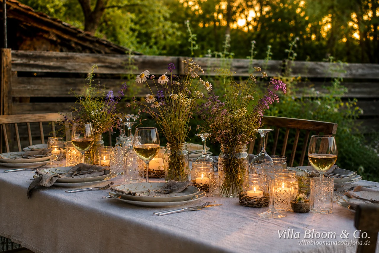Sommerlicher Gartentisch in der Abenddämmerung mit Kerzen, Windlichtern, Weingläsern und Wildblumen