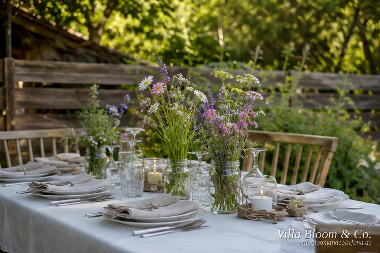Sommerliche Tischdeko aus dem Garten mit Wildblumen in Marmeladengläsern, Kräutern und Kerzen auf einem Leinentisch im Landhausstil