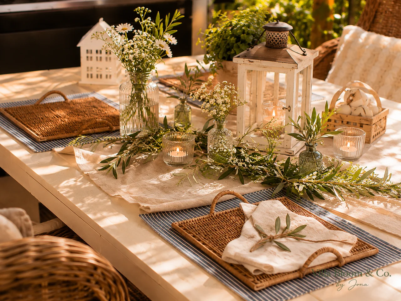 Sommerlich gedeckter Gartentisch im Landhausstil mit einer Girlande aus Olivenzweigen und Wildblumen, Windlichtern, kleinen Glasvasen und einer mit Naturbast gebundenen Leinenserviette