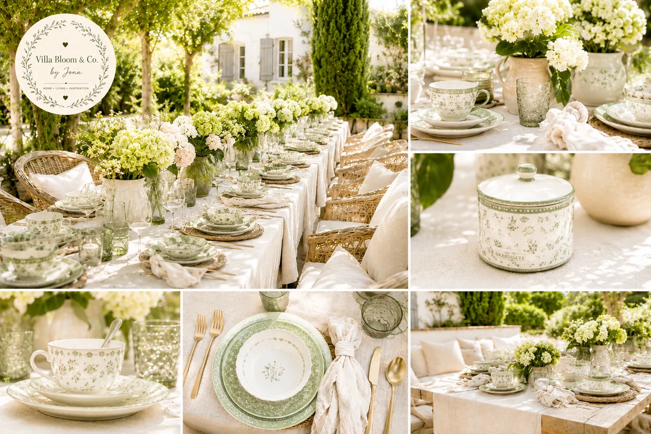 Collage of six scenes from a summer outdoor table setting with GreenGate china in sage and cream, linen tablecloth, rattan chairs, white hydrangeas and gold cutlery