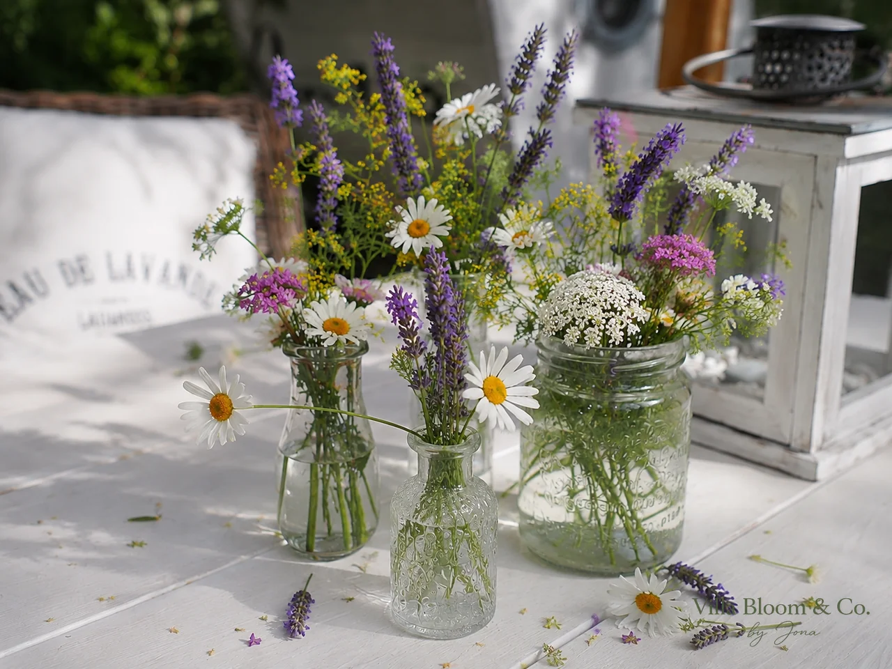 Mehrere kleine Glasvasen mit gepflückten Wildblumen – Lavendel, Margeriten und wilde Möhre – auf einem weißen Tisch im Sonnenlicht