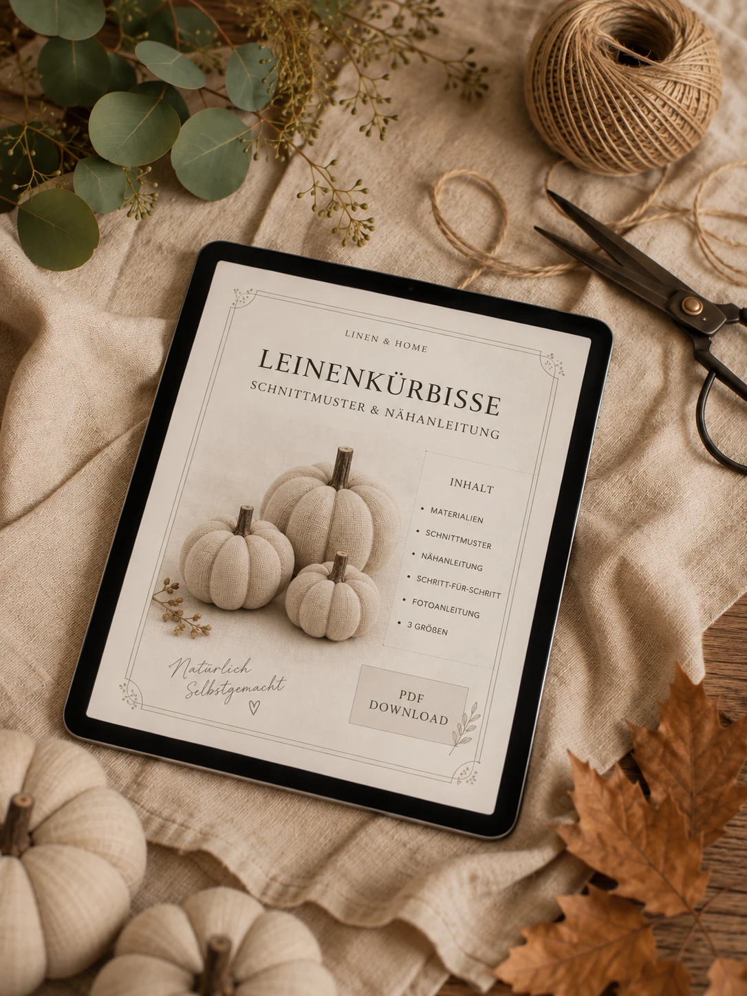Villa Bloom Nähmagazin Leinenkürbisse als PDF auf einem Tablet, daneben Schere, Garnknäuel und fertige Leinenkürbisse