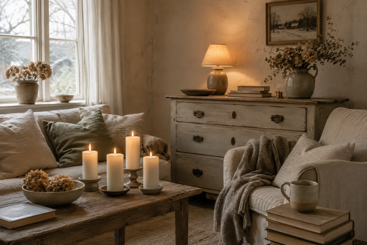 Wohnzimmer am späten Nachmittag: vier Kerzen auf dem niedrigen Holztisch, eine Lampe auf der Kommode und Tageslicht vom Fenster – drei Lichtquellen auf verschiedenen Höhen