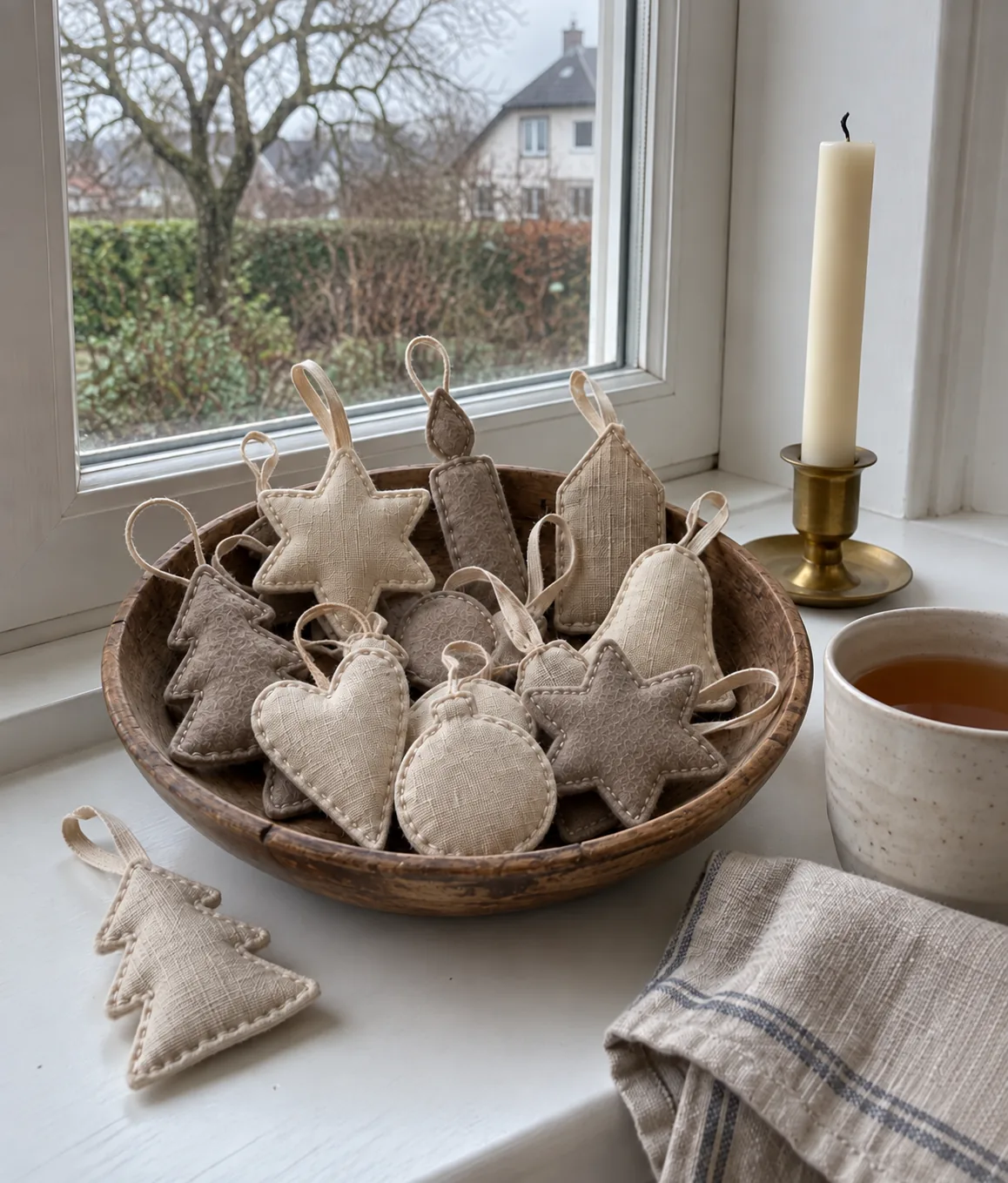 Wooden bowl of hand-sewn Christmas ornaments on a windowsill, with a candle and a cup of tea