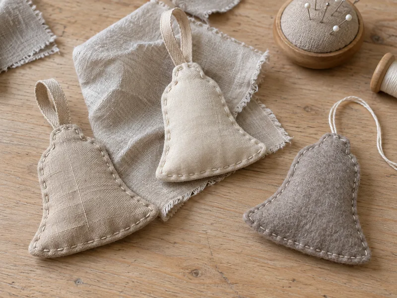Hand-sewn bell ornament in linen and wool felt