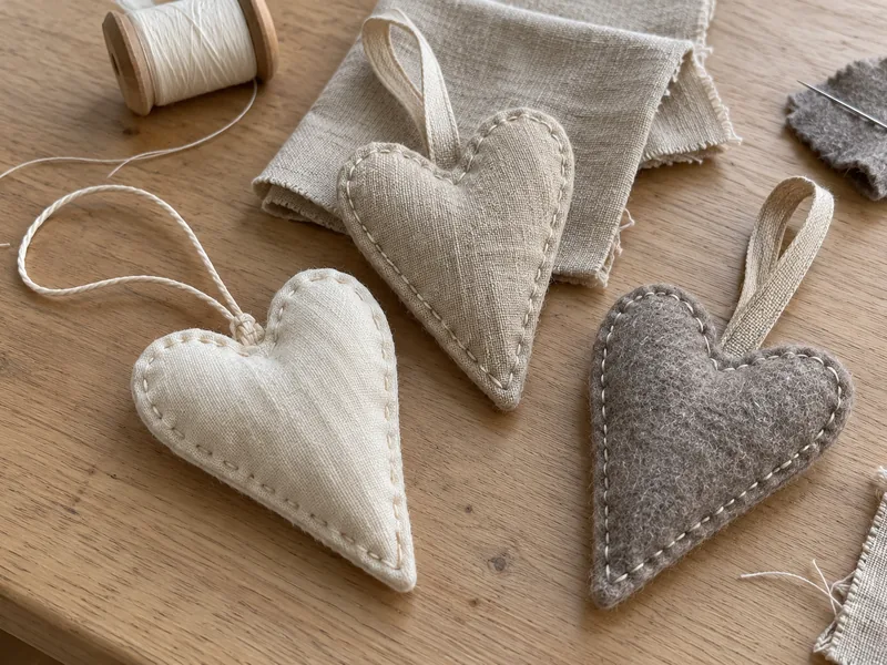 Hand-sewn heart ornament in linen and wool felt