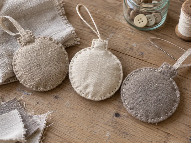 Hand-sewn bauble ornament in linen and wool felt