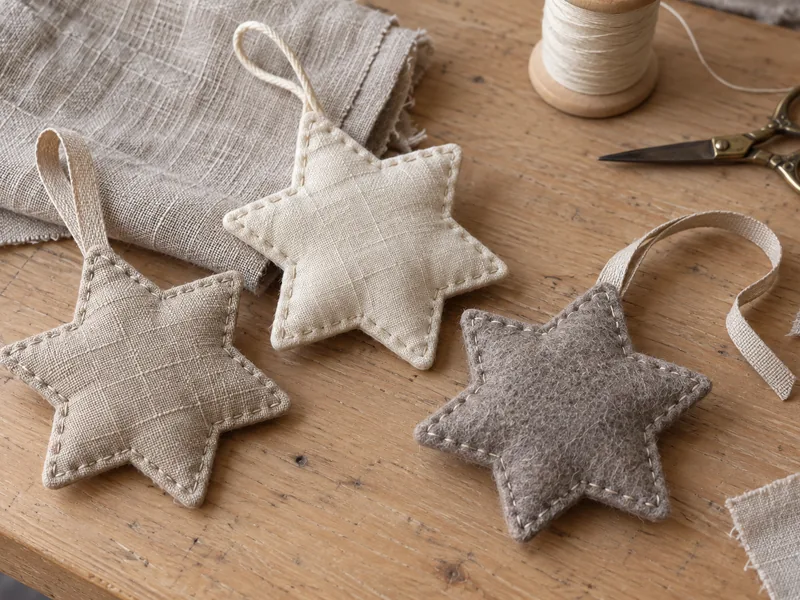 Hand-sewn star ornament in linen and wool felt