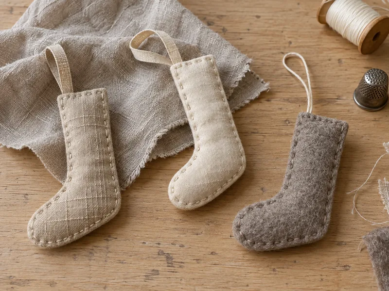 Hand-sewn stocking ornament in linen and wool felt
