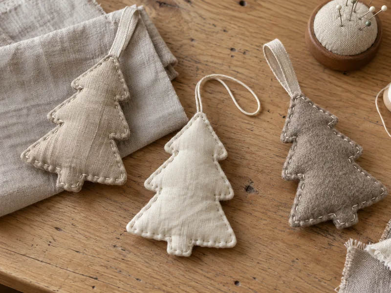 Hand-sewn tree ornament in linen and wool felt