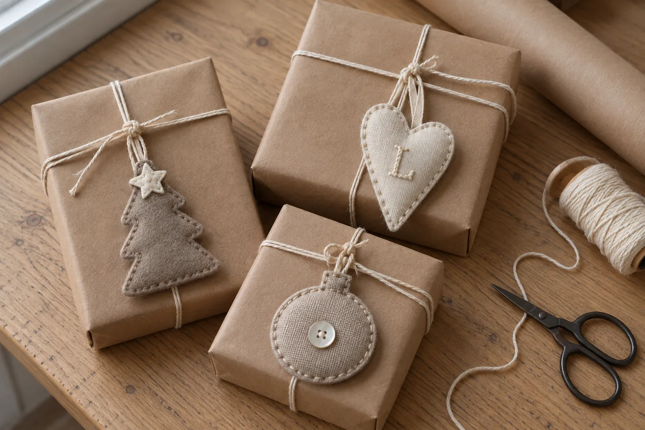Parcel wrapped in brown paper with hand-sewn fabric ornaments instead of a bow
