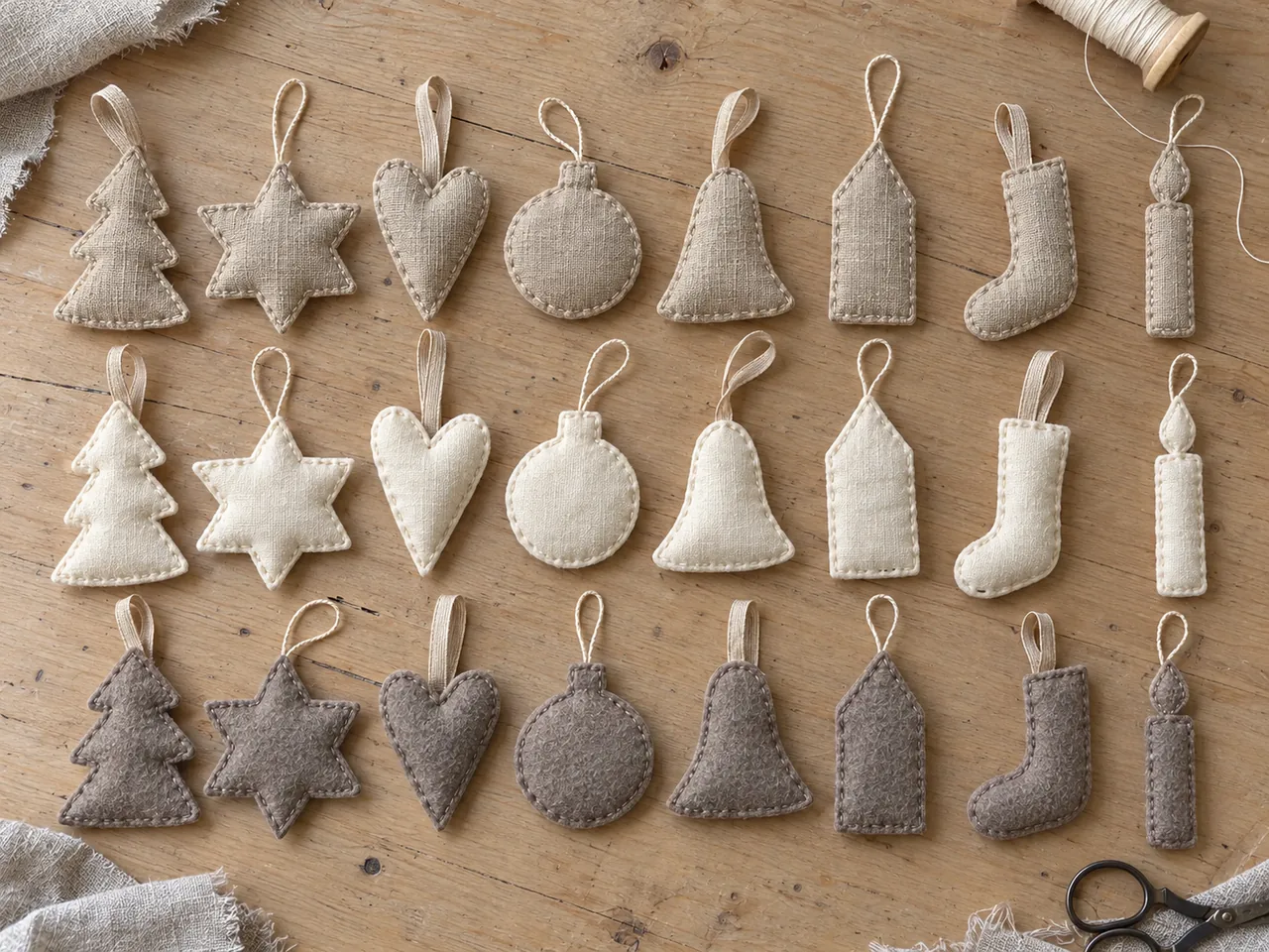 Twenty-four hand-sewn Christmas ornaments in natural linen, cream linen and wool felt, laid out in three rows on a wooden table