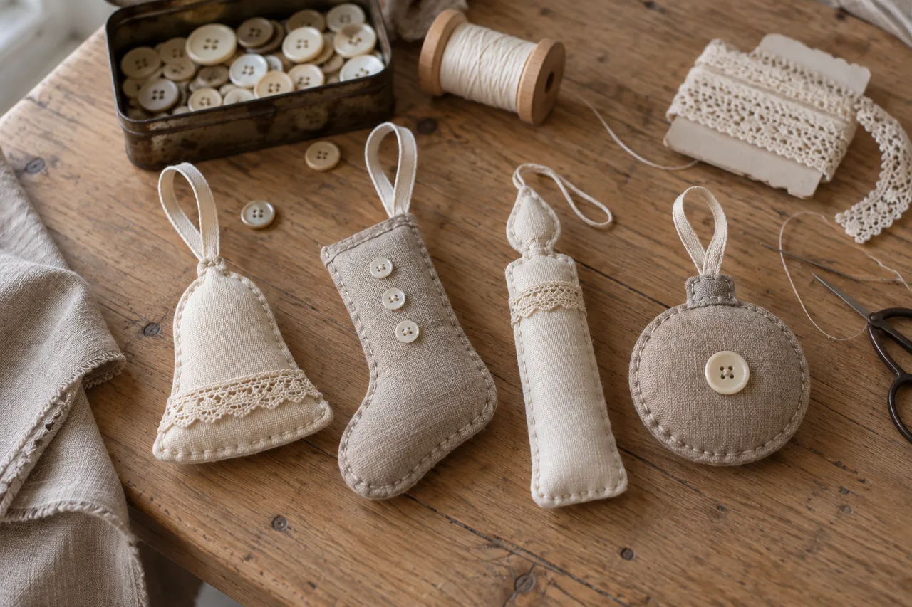Hand-sewn linen Christmas ornaments with mother-of-pearl buttons and cotton lace
