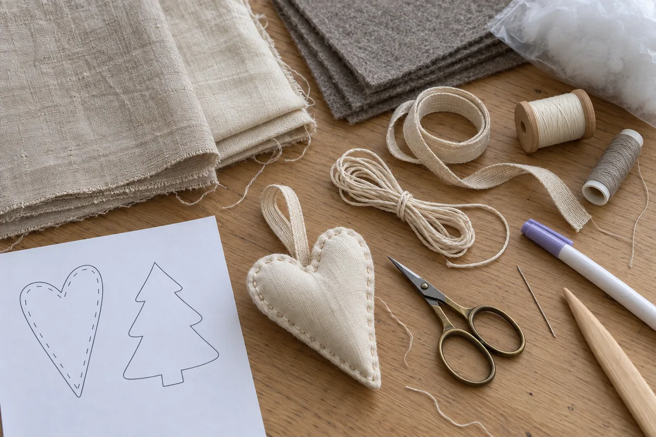 Natural and cream linen, greige wool felt, linen tape, stuffing and thread on a wooden table