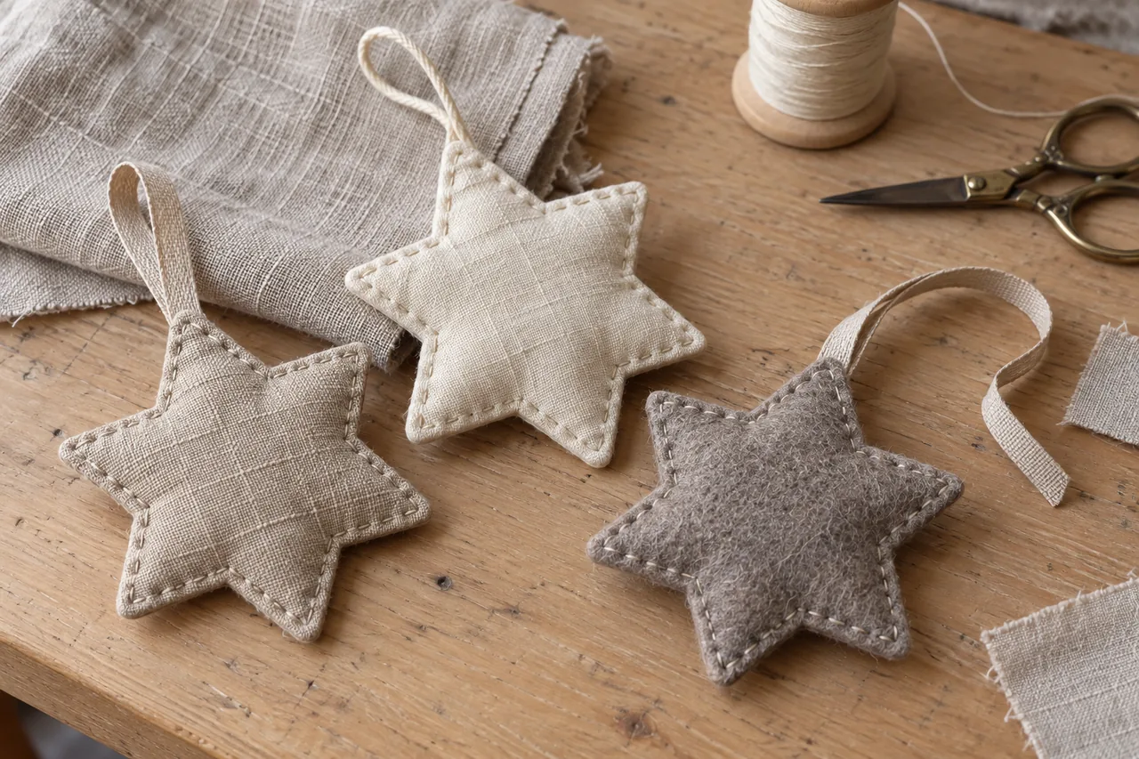 Three hand-sewn six-pointed stars in linen and felt with decorative hand stitching