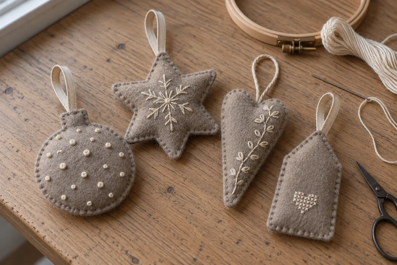 Hand-sewn Christmas ornaments in felt and linen with fine hand embroidery and decorative stitching