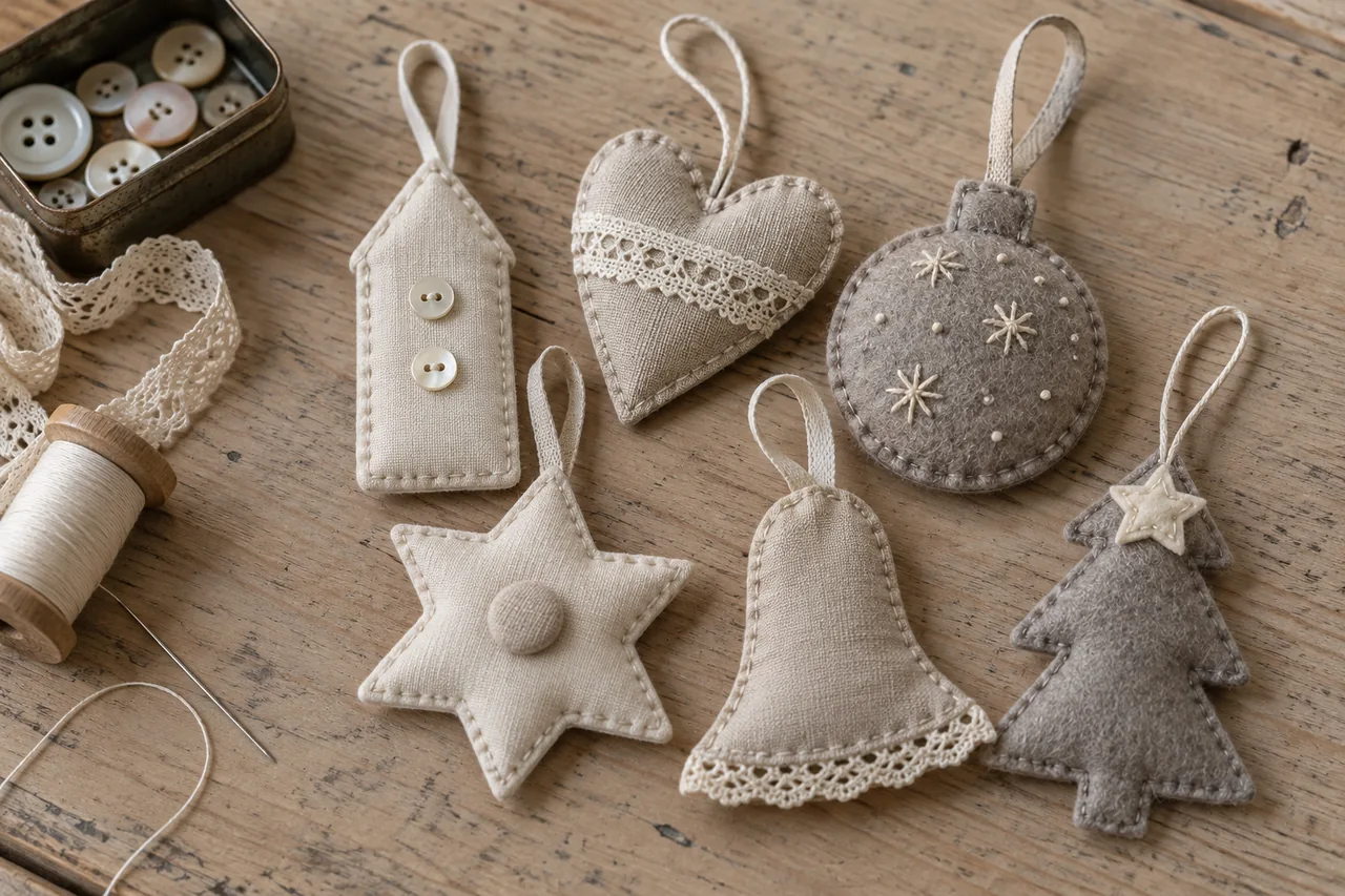 Fabric ornaments embellished with mother-of-pearl buttons, lace, embroidery and a felt star