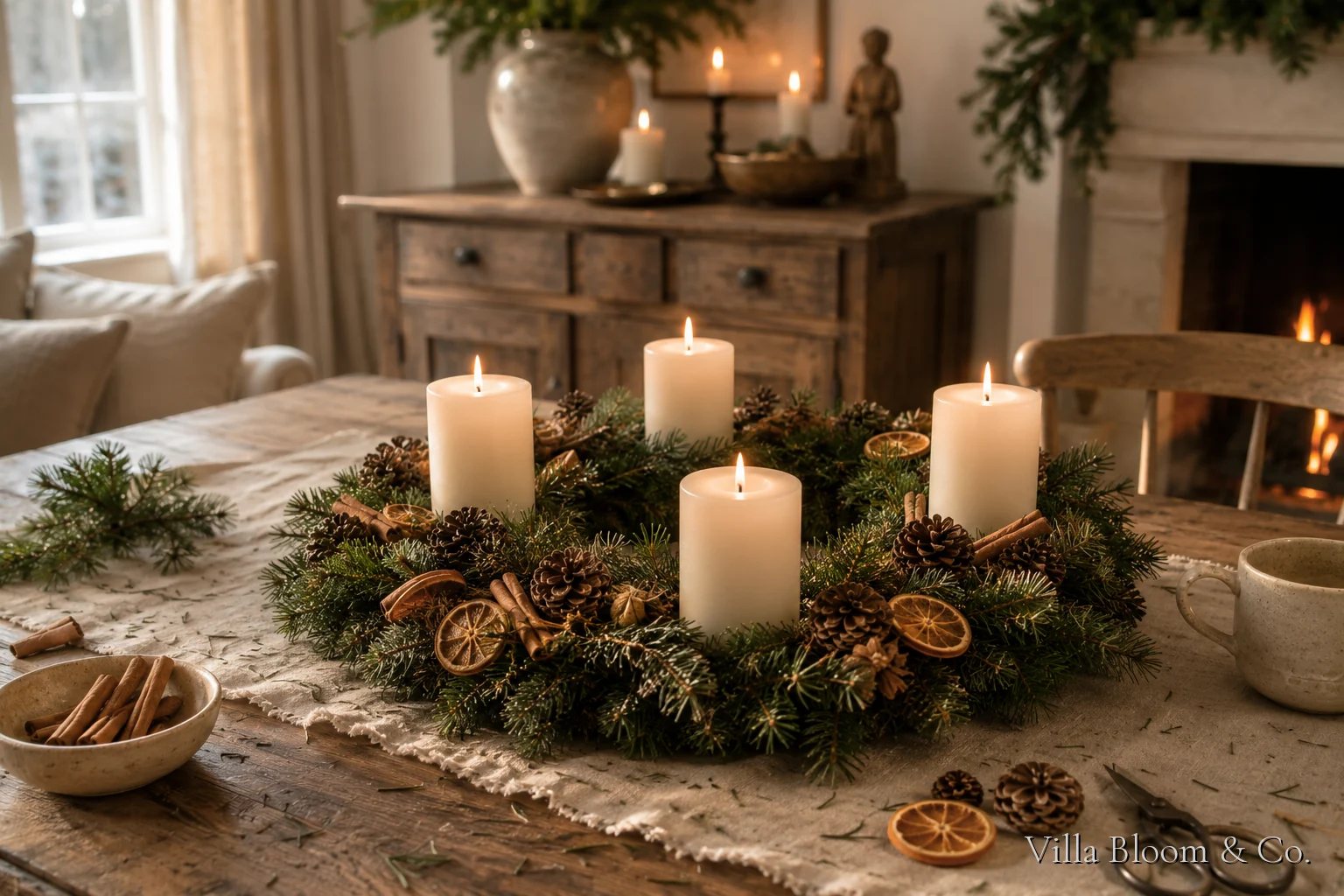 Homemade country-style Advent wreath with fir branches, cones, dried orange slices and four white candles