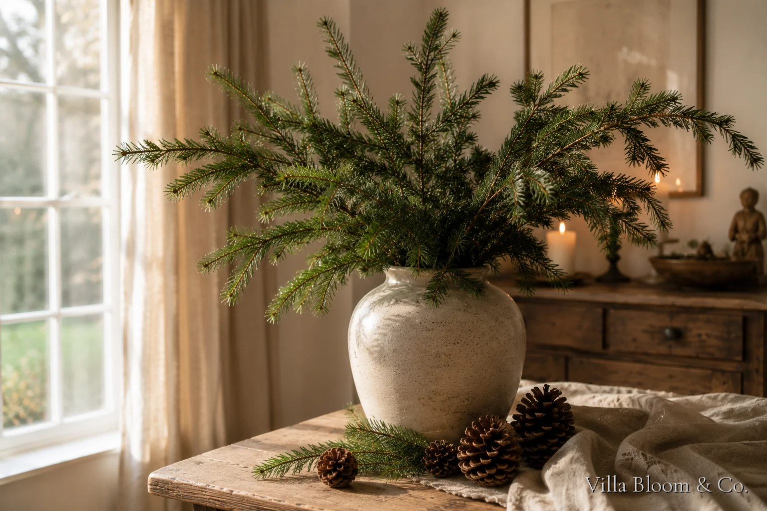 Fir branches in a ceramic vase on a wooden table in country style