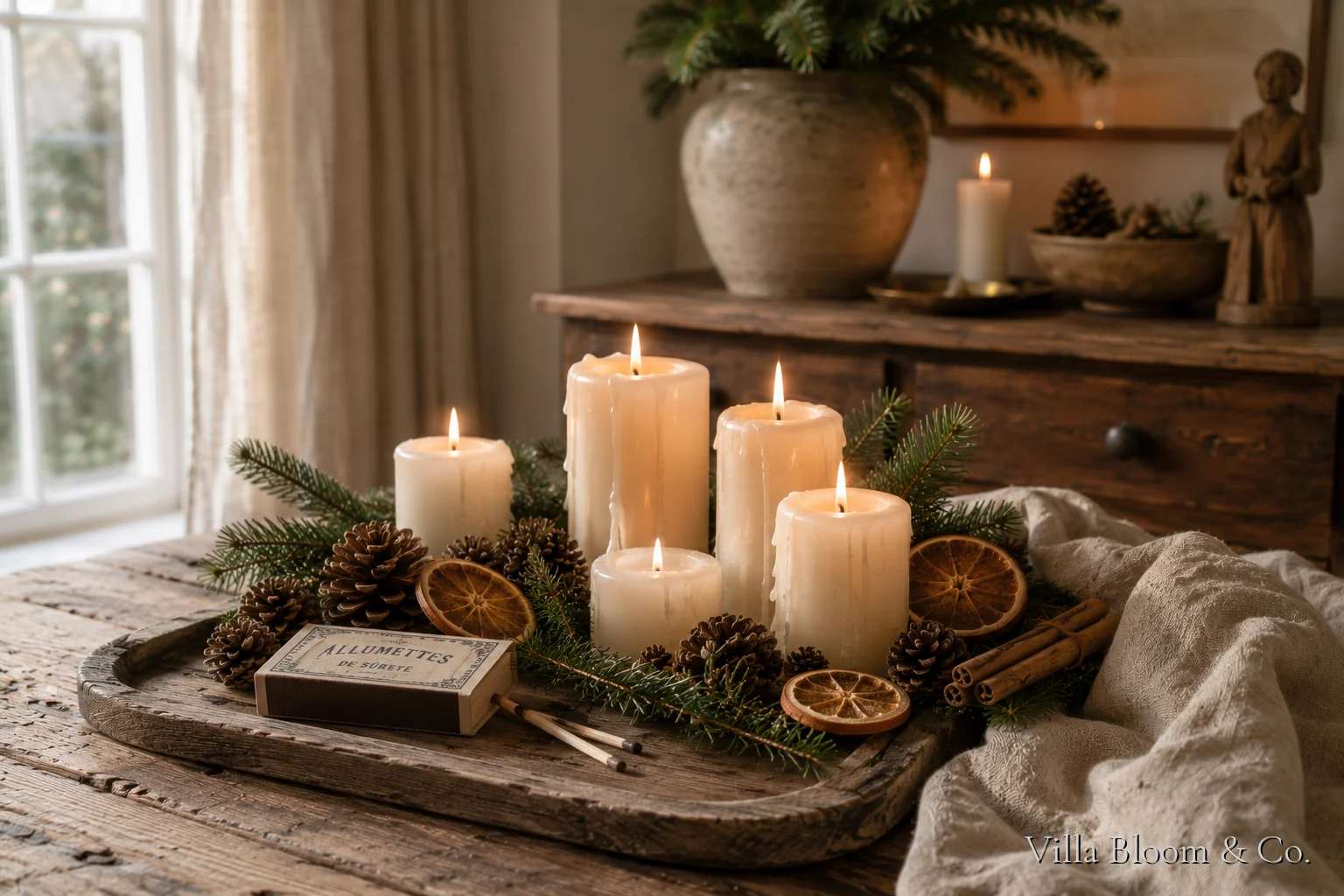 White candles on a wooden tray with fir branches, cones, cinnamon sticks and dried orange slices
