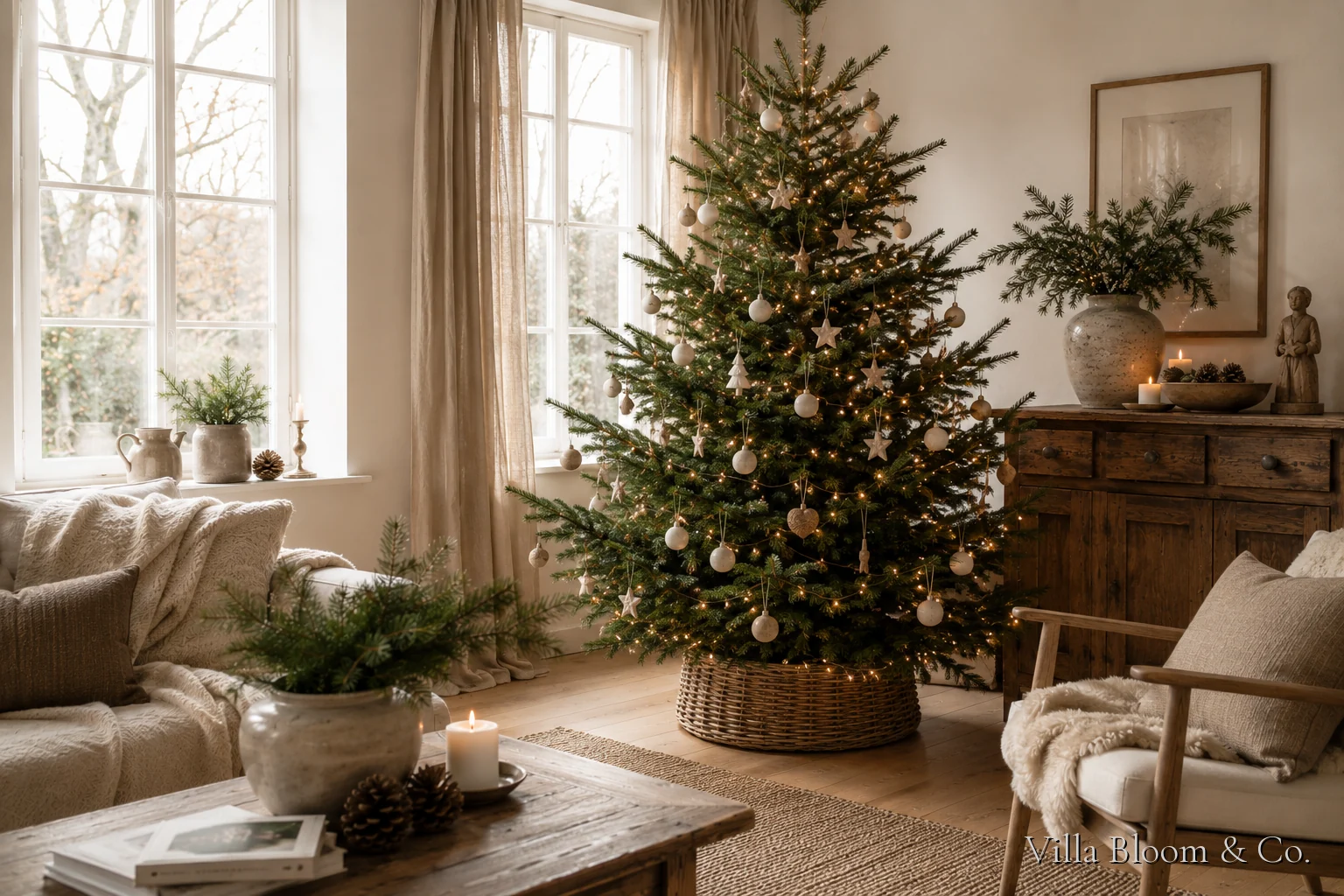 Country-style Christmas tree with cream-white baubles and wooden ornaments in a basket