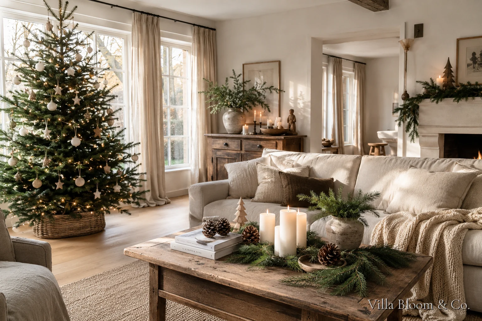 Christmas decor in country style with fir branches, white candles and wooden decorations