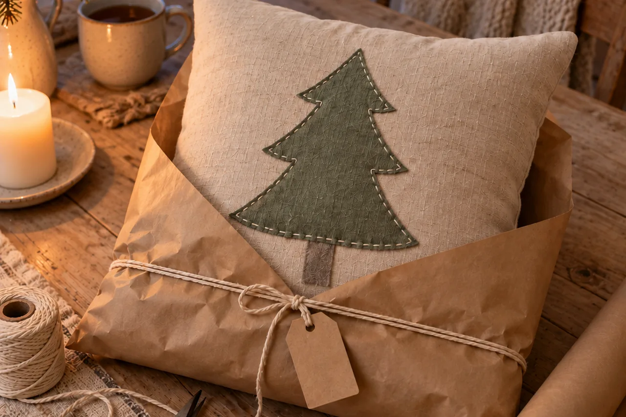 Weihnachtskissen mit Tanne in Packpapier und Baumwollkordel als Geschenk verpackt