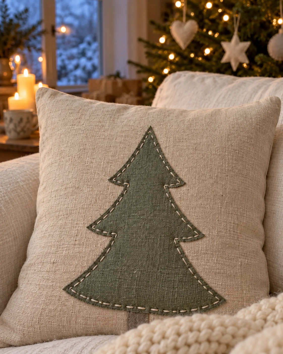 Leinenkissen mit salbeigrüner Tannen-Applikation auf einem hellen Sofa vor einem beleuchteten Weihnachtsbaum