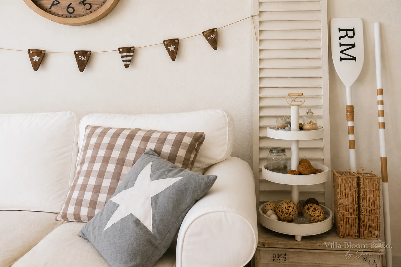 Weiße Ikea Ektorp Sofa mit karierten und Stern-Kissen im Landhausstil