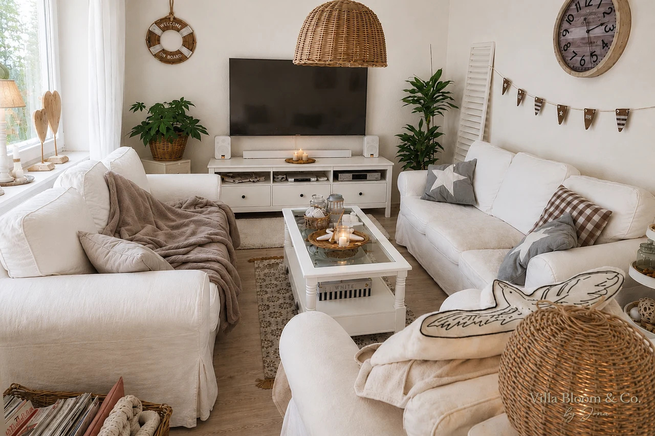 Wohnzimmer im Landhausstil – zwei weiße Sofas, Rattan-Hängelampe, Kerzen und Grünpflanzen