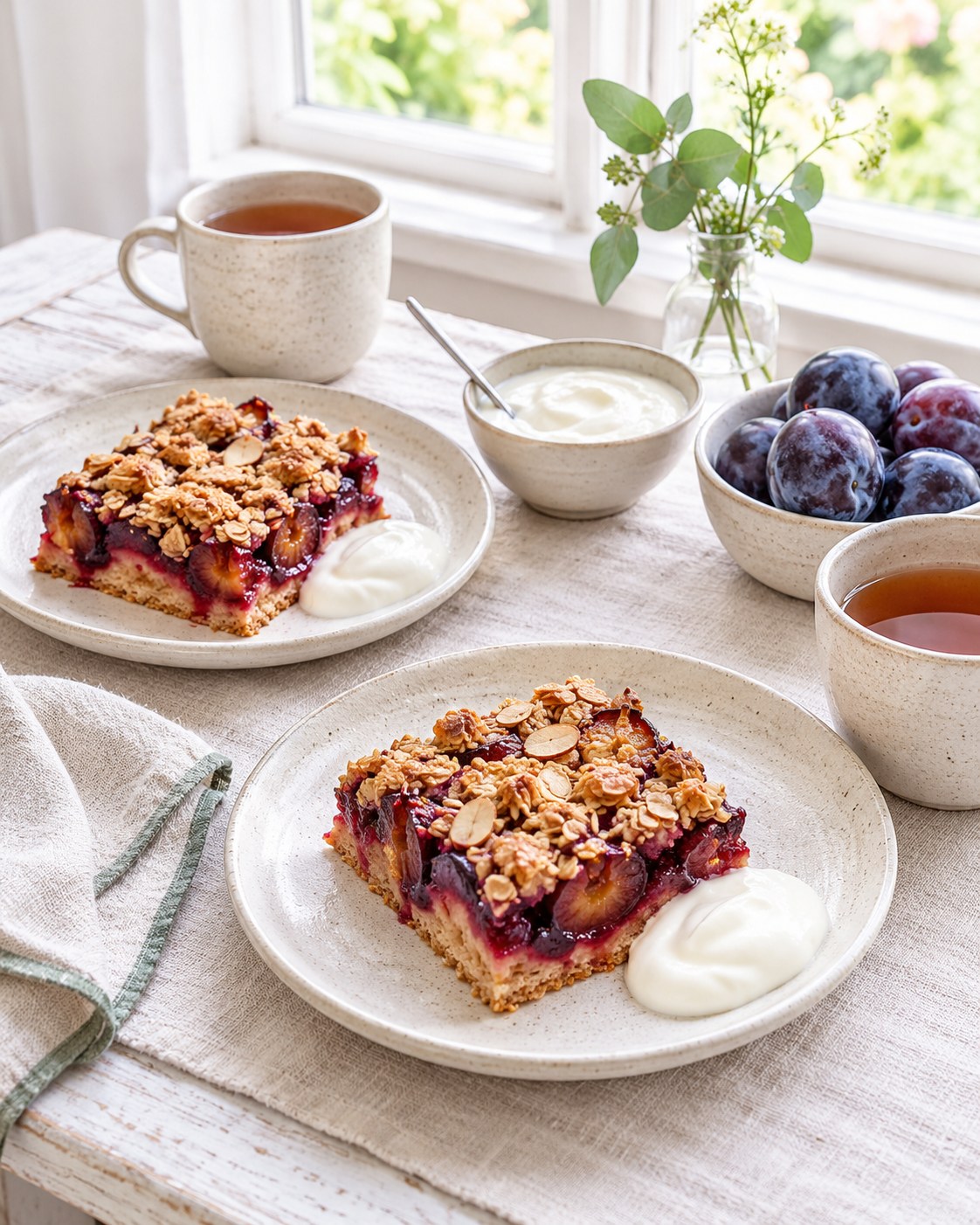 Tea table by the window with pieces of plum and oat cake on plates, a bowl of yoghurt, fresh plums and teacups on pale linen
