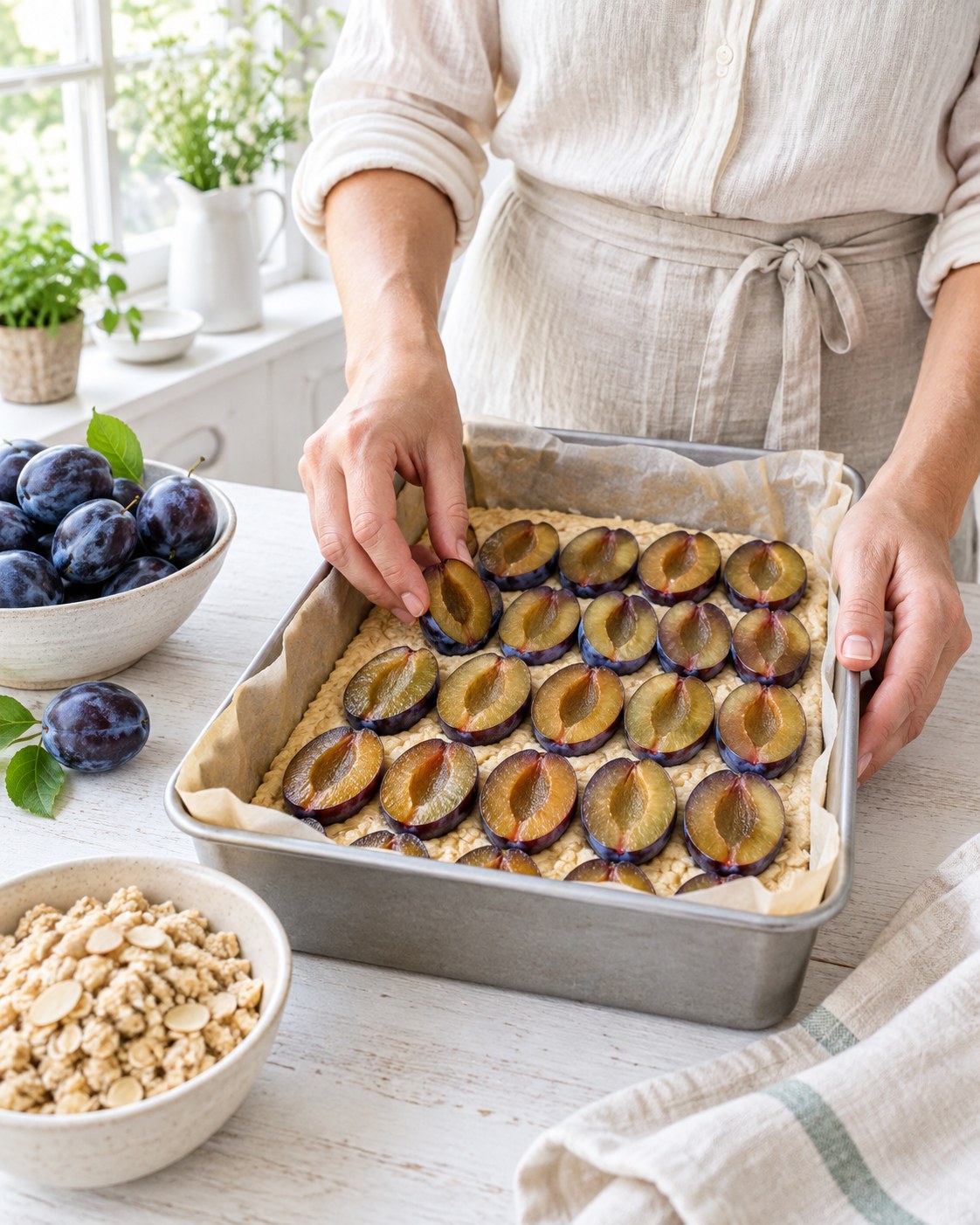 Halved prune plums being arranged cut side up, close together, on pale oat batter in a baking tin, bright cottage kitchen in daylight