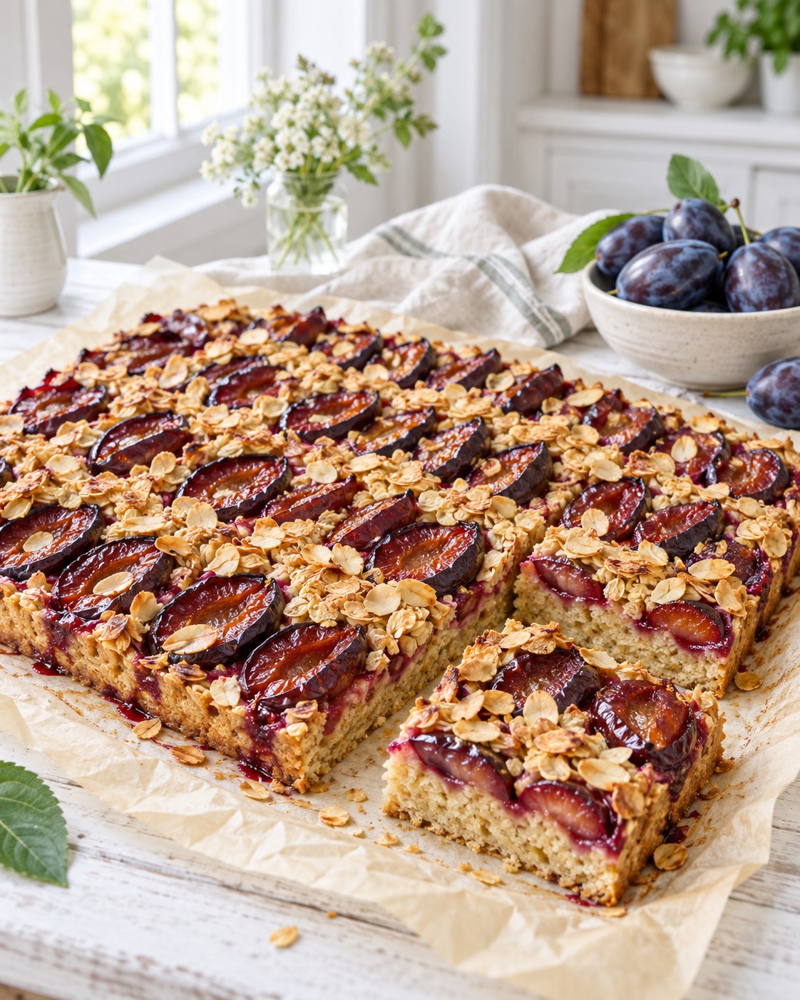 Zwetschgen-Hafer-Kuchen vom Blech mit Knusperkruste aus Hafer und Mandeln