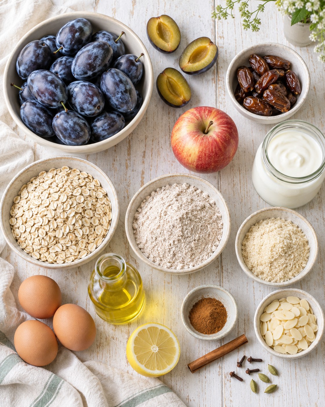 Ingredients for the plum and oat tray bake with no added sugar on pale wood: prune plums, dates, apple, rolled oats, ground almonds, wholemeal spelt flour, yoghurt, eggs, rapeseed oil, cinnamon, cloves